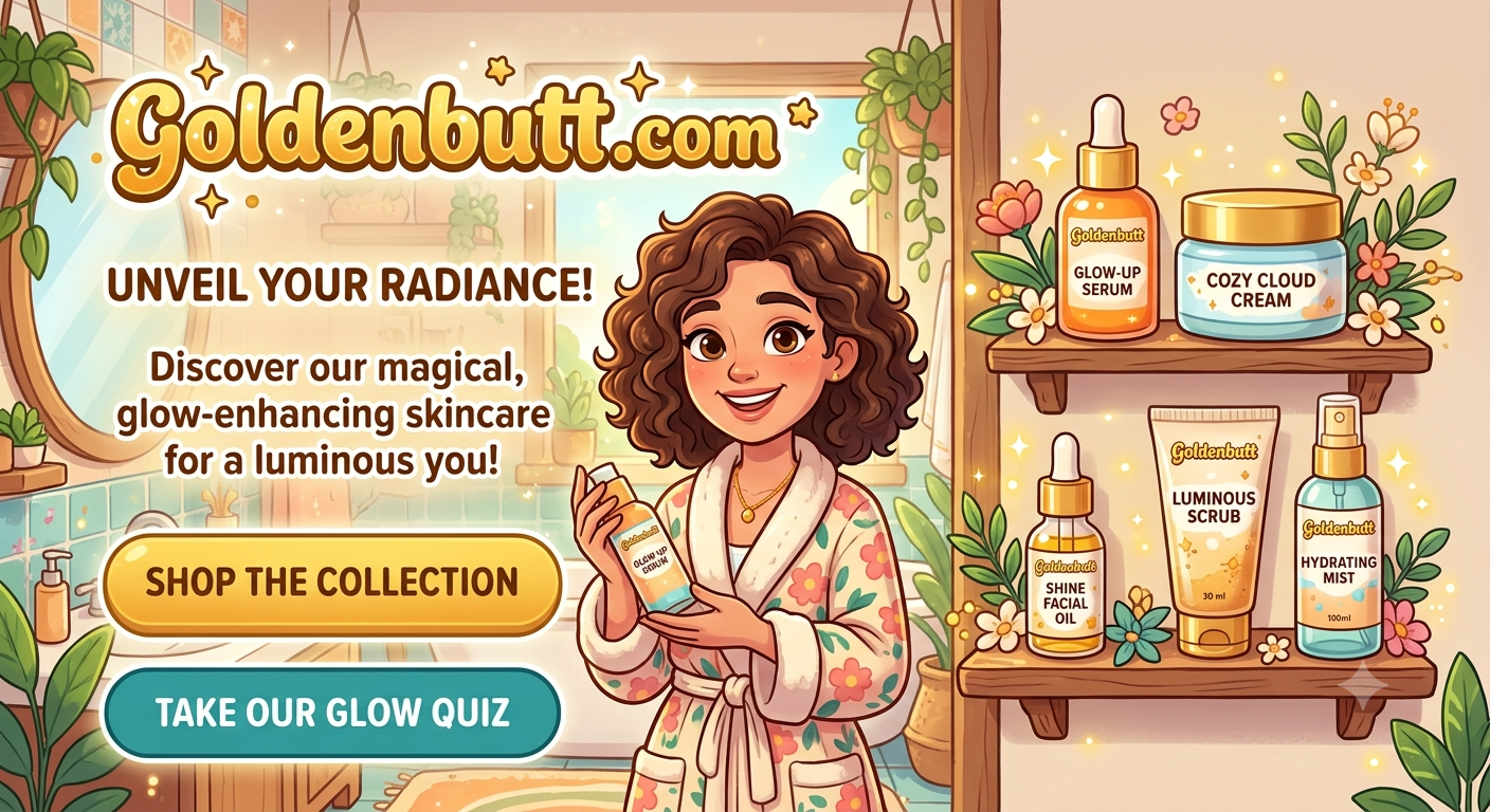 Illustration of a woman in a robe holding Goldenbutt skincare, with the full product shelf: Glow-Up Serum, Cozy Cloud Cream, Shine Facial Oil, Luminous Scrub, and Hydrating Mist.